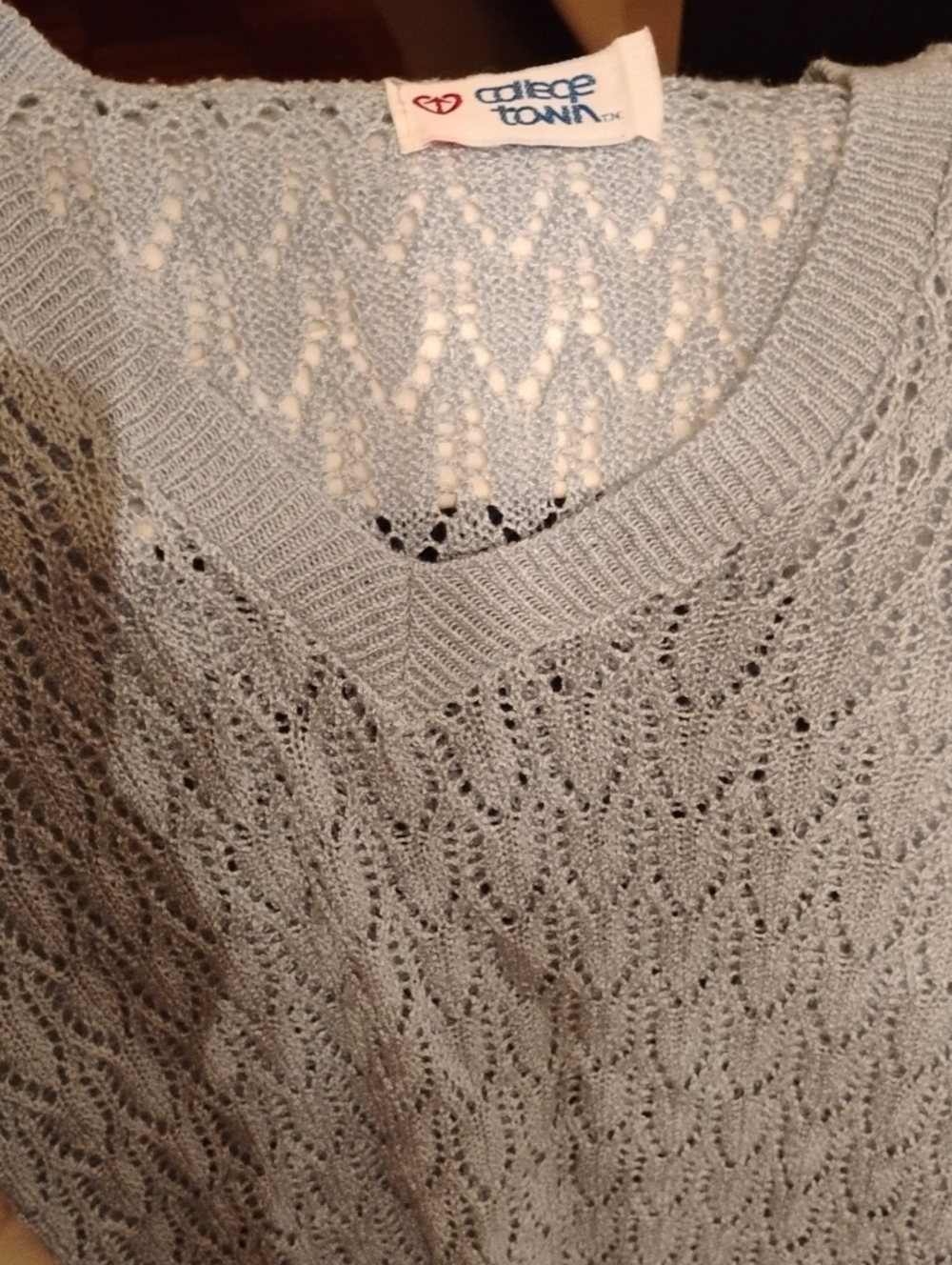 Light Blue Open-Knit V-Neck Sweater